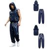 Men Waterproof Sports Tracksuit Front Zipper Sleeveless Vest with Detachable Hood and Jogging Pants for Workout Cycling Running Gym