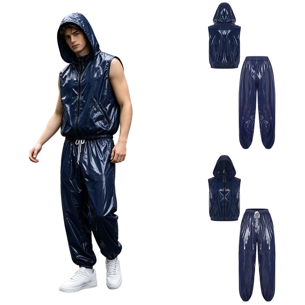 Men Waterproof Sports Tracksuit Front Zipper Sleeveless Vest with Detachable Hood and Jogging Pants for Workout Cycling Running Gym