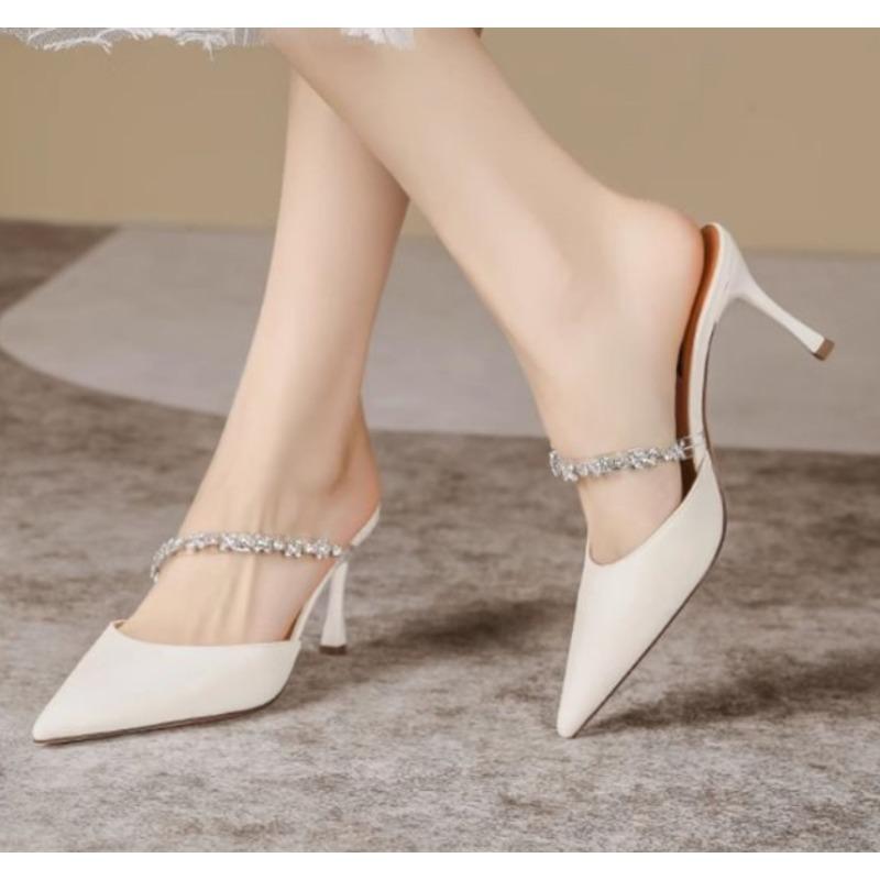 Fashion New Style Women's Stylish Sexy Party Comfortable Women's Shoes Pointy Back Empty Diamond Chain Thin Heels High Heels Sandals
