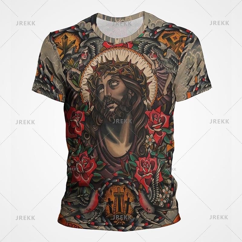 Summer Round Neck 3D Christ Jesus Print Top Fashionable Casual Short Sleeved Men's T-shirts