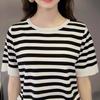 Summer New Women's Clothing Loose Korean Version Large Size Top Black and White Stripes Front Short Rear Long Short Sleeve T-shirt Women's Base