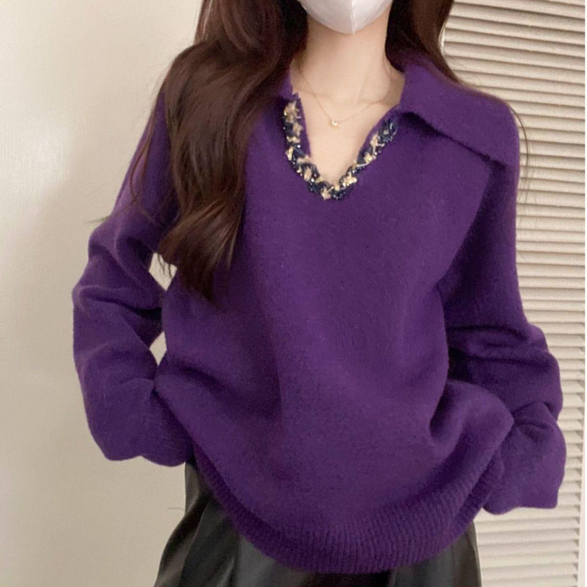 

Французский стиль Приталенный вязаный свитер с длинным рукавом для женщин – Зимний короткий топ One Size фиолетовый