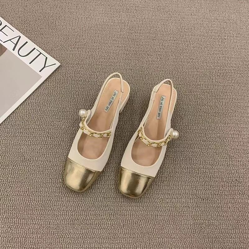 Coarse Heel High Heel Baotou Sandals 2025 Summer Pearl Chain Back Empty Women's French Medium Heel Mary Jane Single Shoes Women