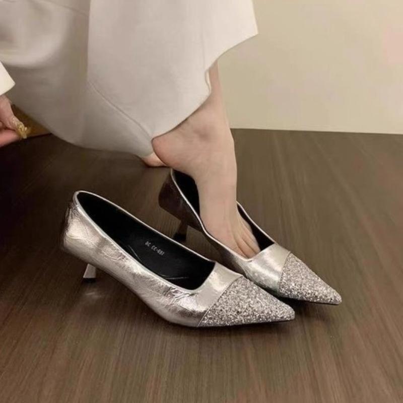 Fashion Summer Low Top Fine Heel Shoes Women Fashion Pointy Splicing Monochrome Cow Suede Slip-on Heel Shoes