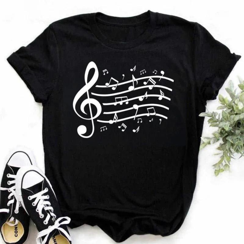 Damen T-Shirt Musik Oberteile Kurzarm Schwarz T-Shirt Damen Lässig Neu Harajuku Lustig Musiknote Kunst T-Shirt Mode