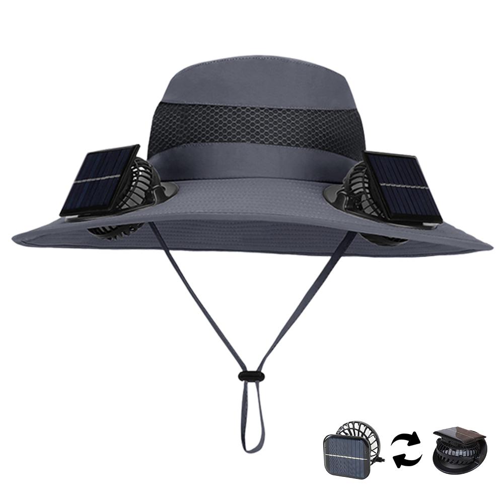 Outdoor Wide Brim Sun Hat with Solar/Charging Fan Outdoor Drawstring Fishing Hat Waterproof for Outdoor Riding Hiking Fishing