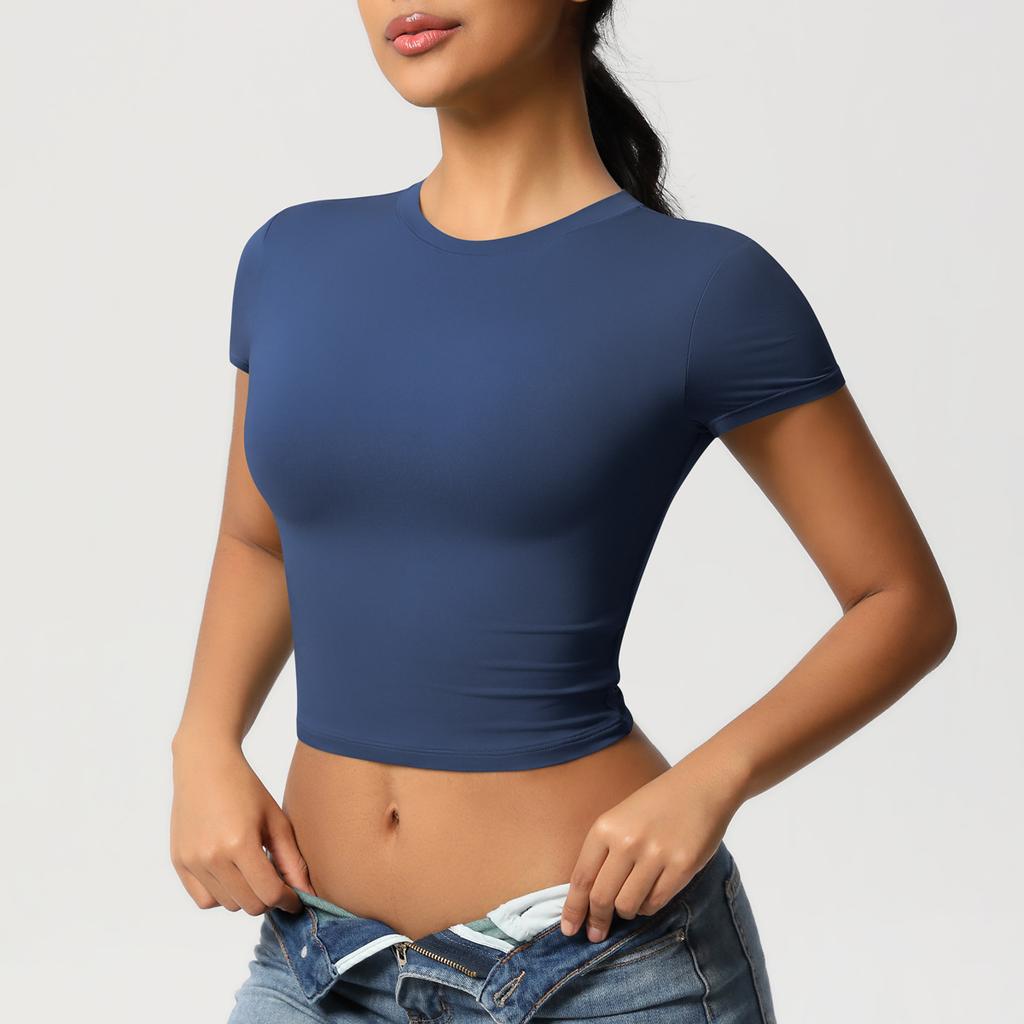 Double Sided Nylon Casual Tight Quick Drying Pilates Top Yoga Suit Short Sleeved Running Fitness T-shirt