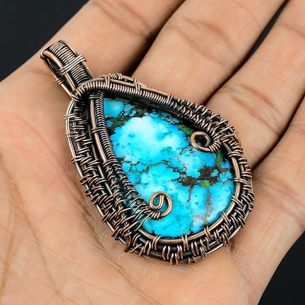 Tibetan Turquoise Pendant, 999 Copper Wire Wrapped Gemstone Jewelry, Handmade Pendant, For Thanksgiving
