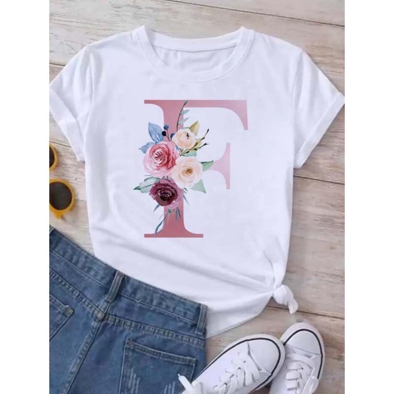 Letter combination fashion women's T-shirt pink flower letter font A-Z short sleeved top black T-shirt women