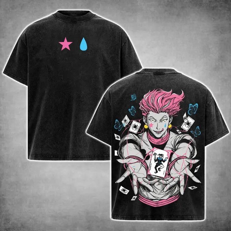 Hot Anime Hunter x Hunter Hisoka Clothing Men Women Casual Tshirts Washed Cotton Tee Retro Oversized T-shirt Harajuku T Shirt S чёрный