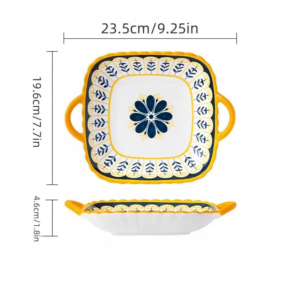 1 Pc Ceramic Square Serving Plate with Two Ears, Japanese Salad Plate, Kitchen Utensils, Italian Pasta Plate