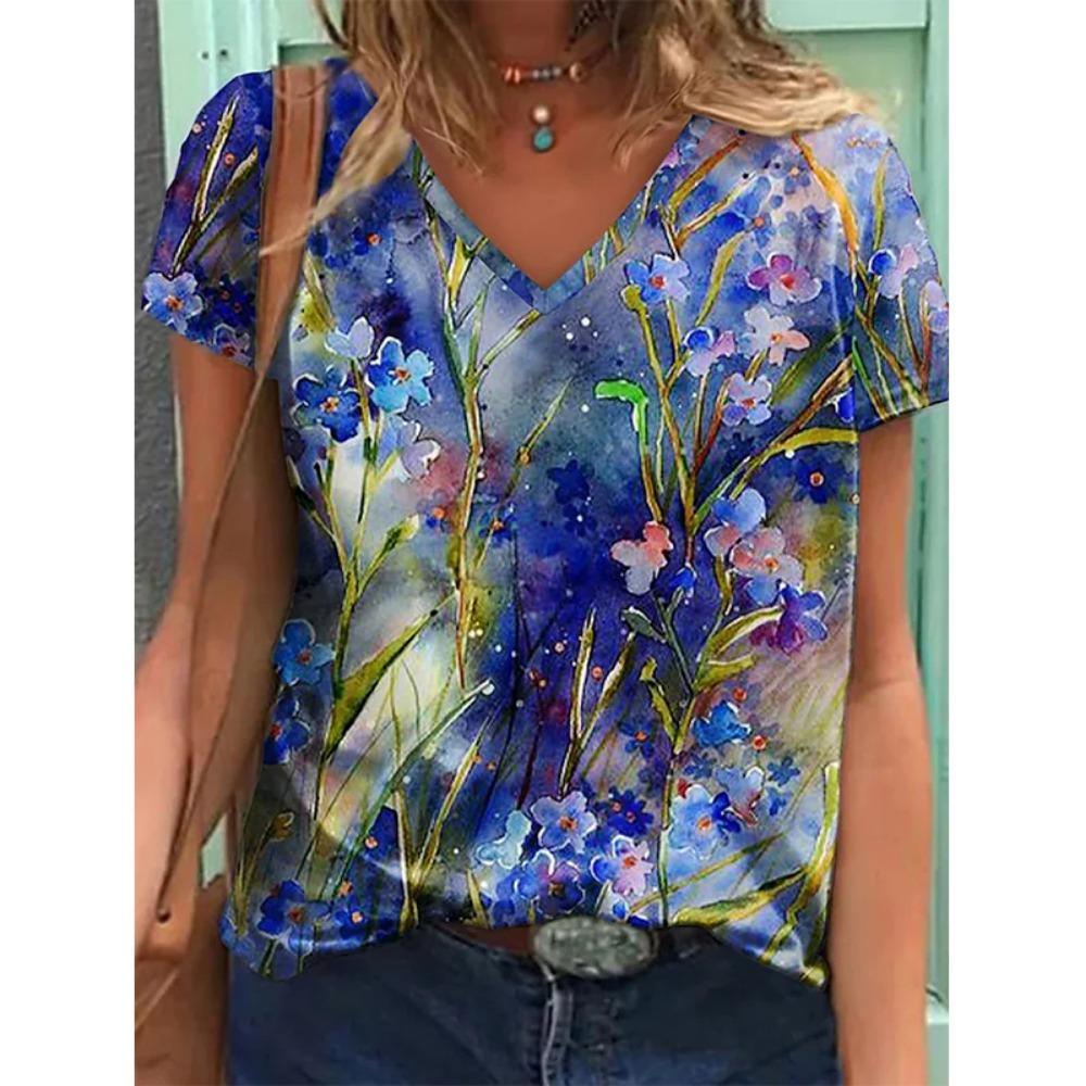 Summer Sunflower Floral 3D Print T Shirt Women V-Neck Casual Tee Y2k Tops Harajuku Streetwear Oversized T-shirts Woman Clothing