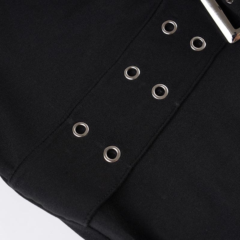 European-American Street Style Metal Buckle Solid Long Sleeve Slimming T-shirt