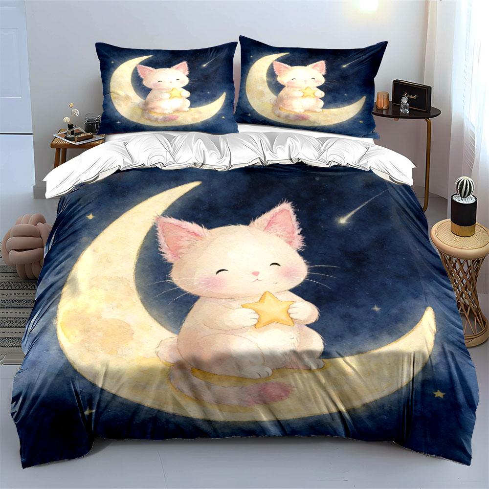 Moon Cat Starry Night Decor Soft Comfortable Duvet Cover Bedding Set Included 1*Duvet Cover & 2*Pillowcases, Gift