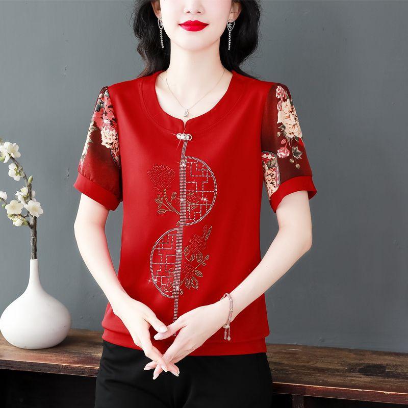 2025 Summer New Round Neck Hot Diamond Flower Splicing Shirt Women's Short-sleeved T-shirt Fashionable