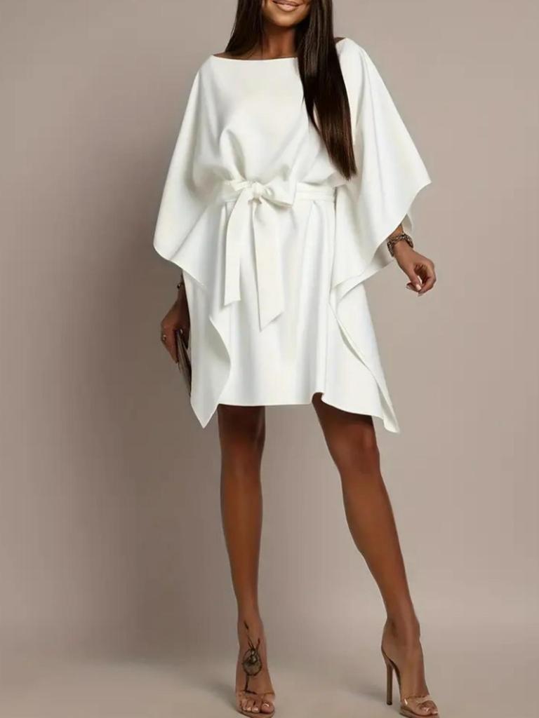 White Batwing Sleeve Lace-up Dress - European & American Style, Casual, Loose Fit, Short Skirt for Women (2026)