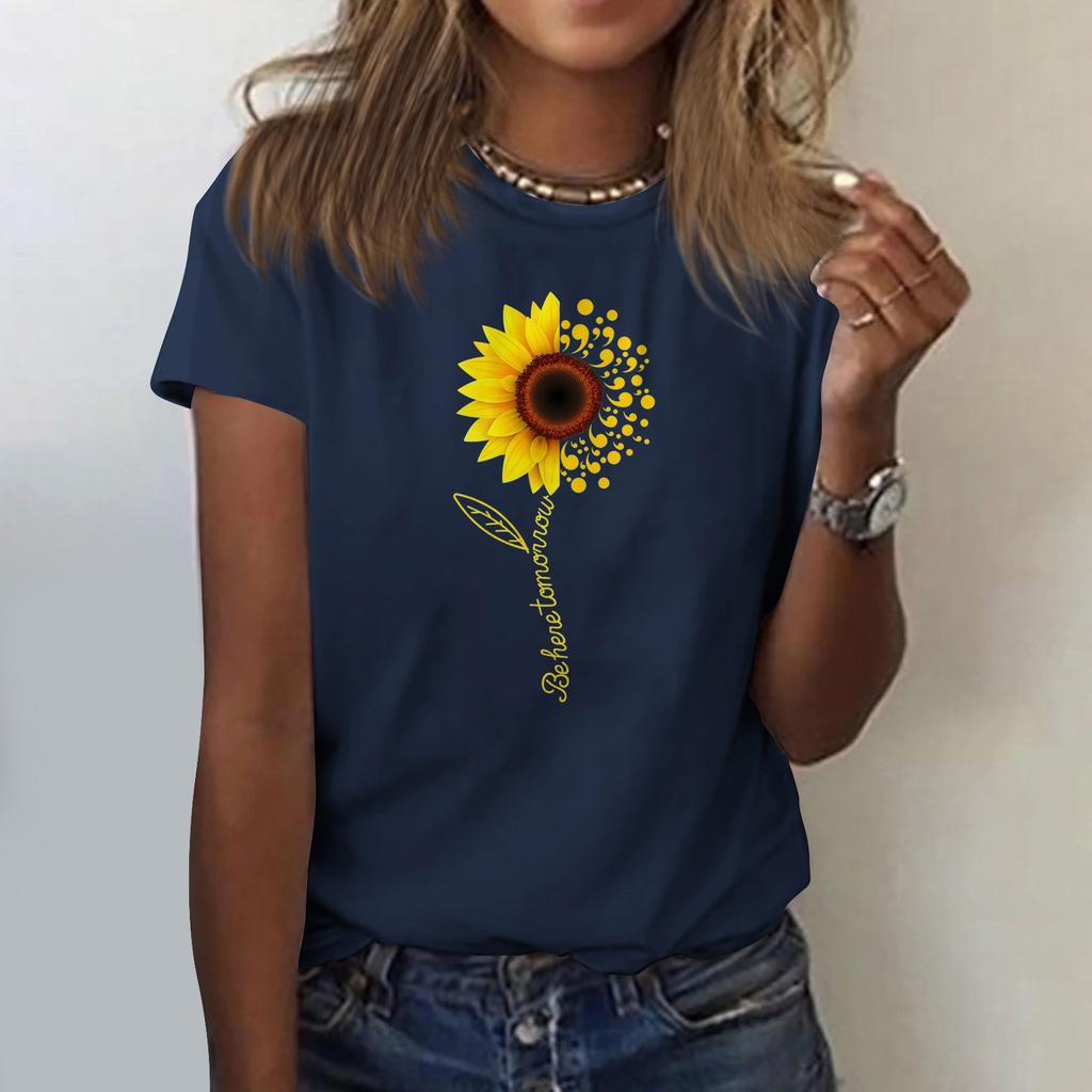 Sunflower Ladies Cute Print Short Sleeve Round Neck Front Shoulder Vintage Short Sleeve Summer Loose Shirt Top