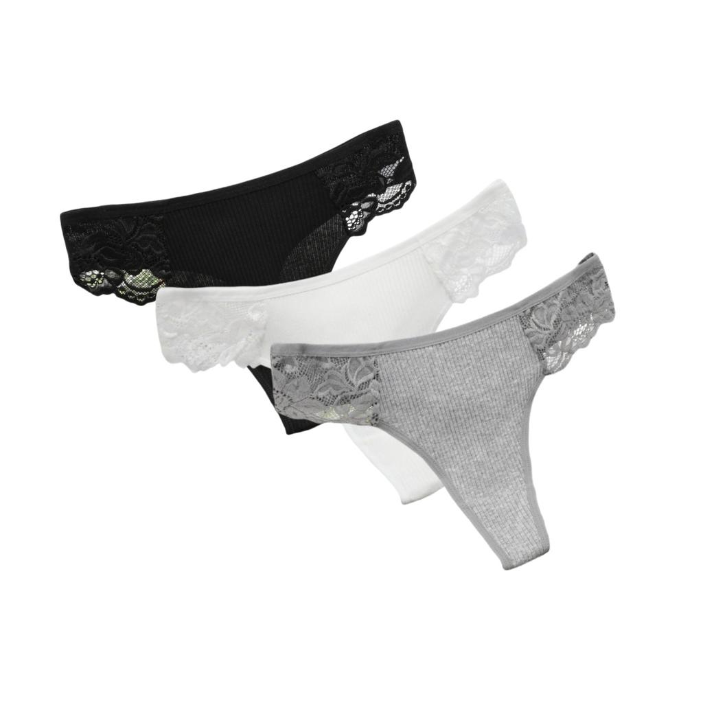 3Pcs/Set Women Cotton G-string Panties Female Underpants Breathable Underwear Solid Color Thongs Lace Trim Comfort Sexy Lingerie