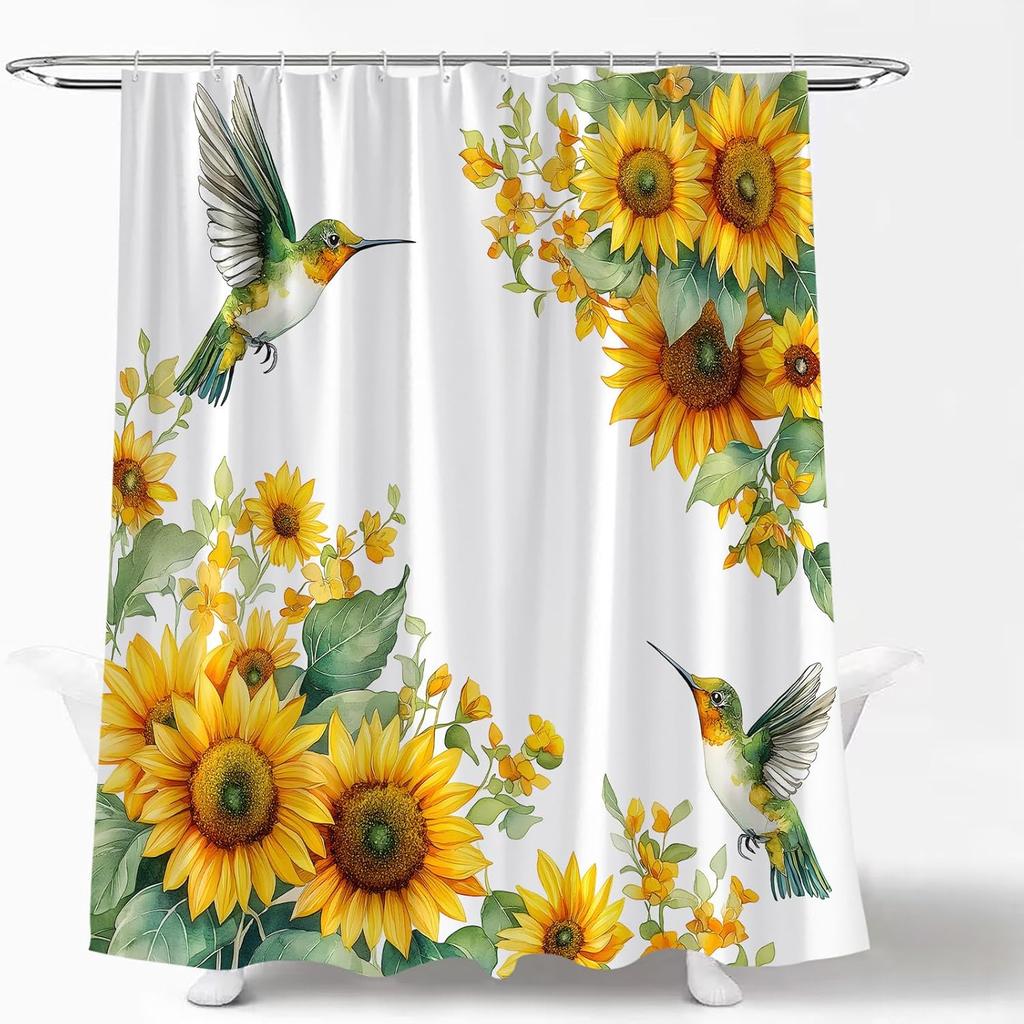 Rustic Sunflower Shower Curtain Watercolor Hummingbird Retro Yellow Flower Green Leaf Country Farmhouse Spring Floral Plant Nature Botanical Bath