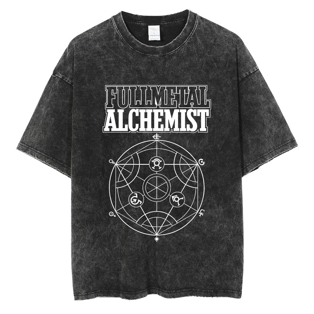 Anime Fullmetal Alchemist Logo Graphic Print T Shirt Men Women Vintage Manga Tshirts Washed Cotton Tshirt Harajuku Oversize Tee