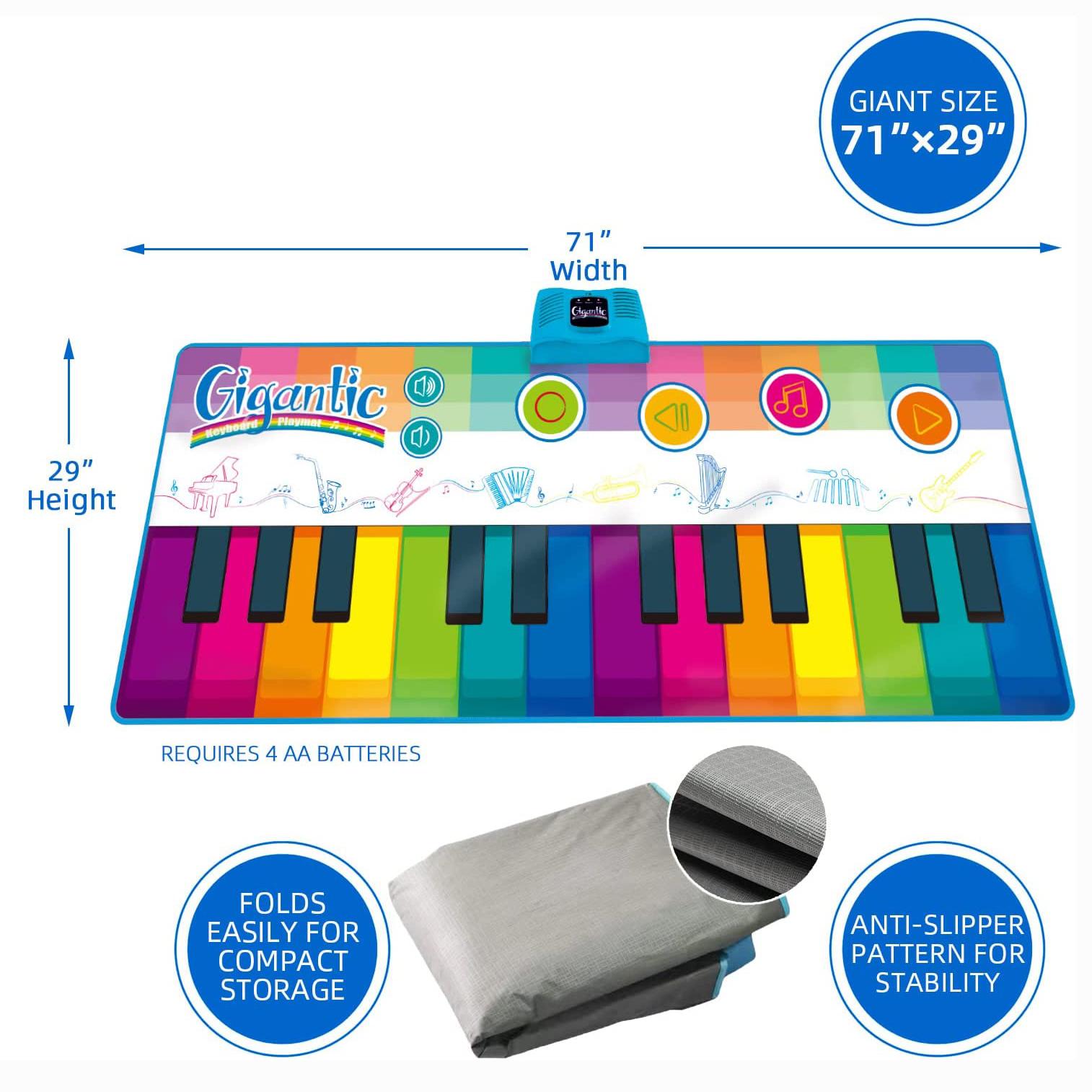 

Напольный коврик для фортепиано длиной 6 футов для детей и малышей, гигантские музыкальные танцевальные игрушки, 24 клавиши, 10 встроенных песен, запись и воспроизведение, 8 звуков инструментов, регулятор громкости 180x74cm разноцветный