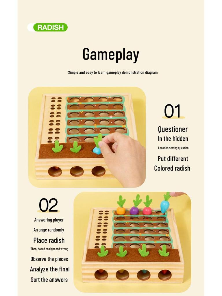 Kid's Wooden Radish Pull Memory Game - Interactive Desktop Toy for Toddlers & Parents