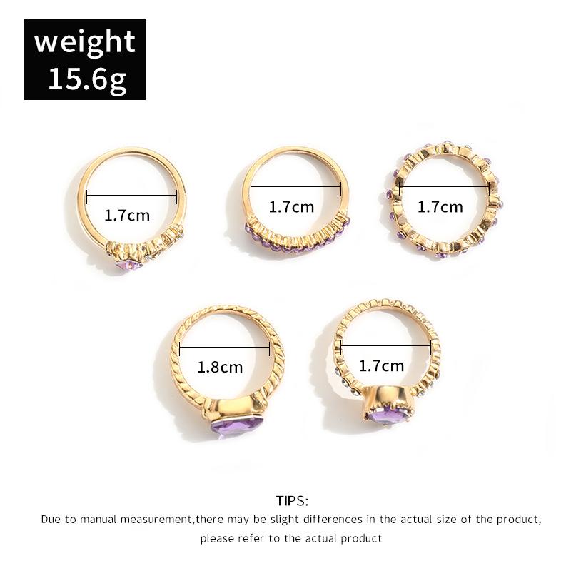 Vintage Purple Rhinestones Ring Set Imitation Crystal Bohemian LuxuryRing for Women Jewelry Wedding Party Accessories Gifts