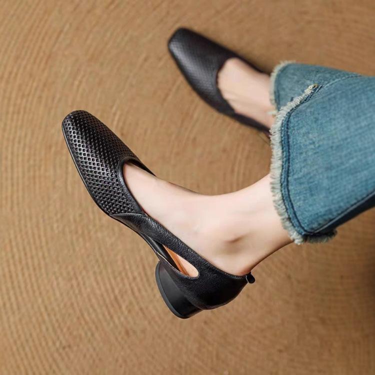 Super soft leather~ French cool single shoes women's square head hollow hole shoes retro shallow mouth hollow breathable Mary Jane shoes