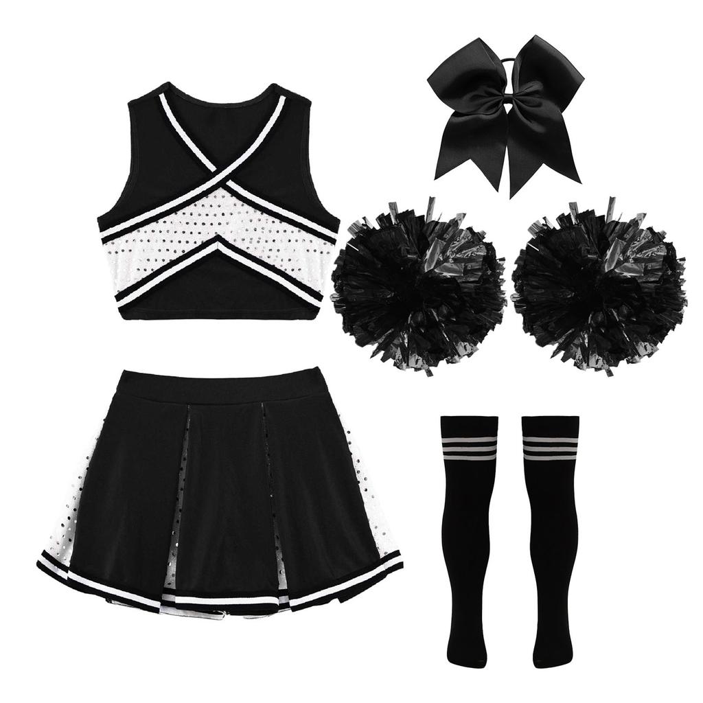 Set Cheerleader Scintillante per Bambine Top Corto a V a Righe Incrociate Gonna Pieghettata e Fiocco