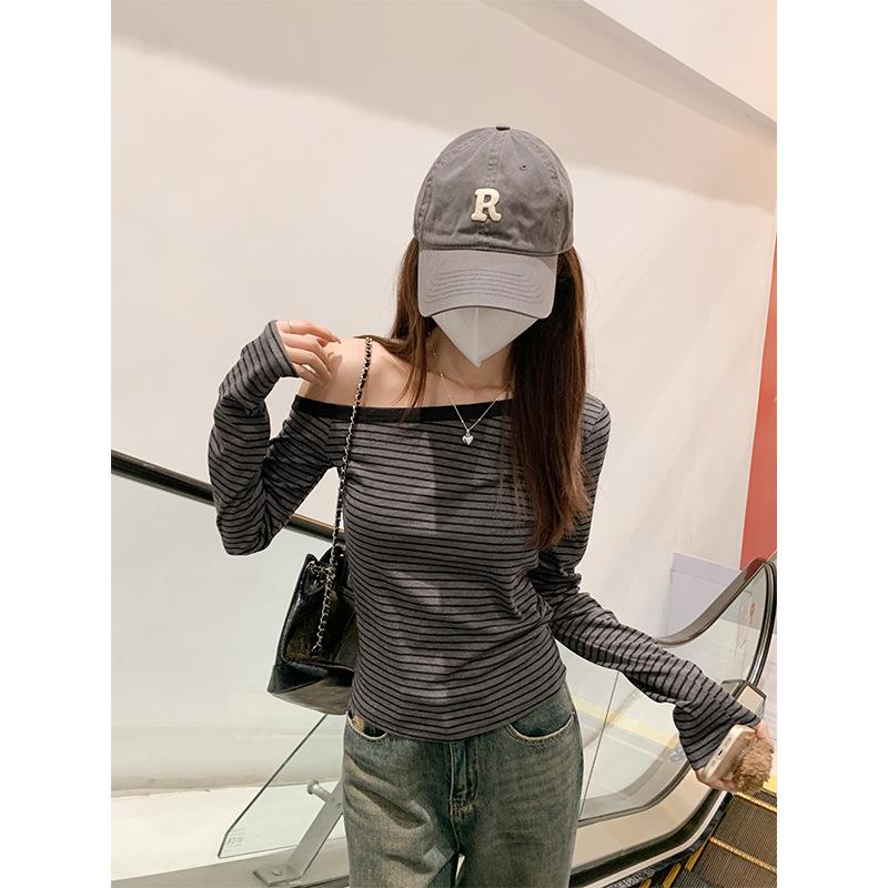 American contrast striped angled shoulder long-sleeved bottoming shirt for women in autumn pure desire one-line collar off-shoulder T-shirt inner top