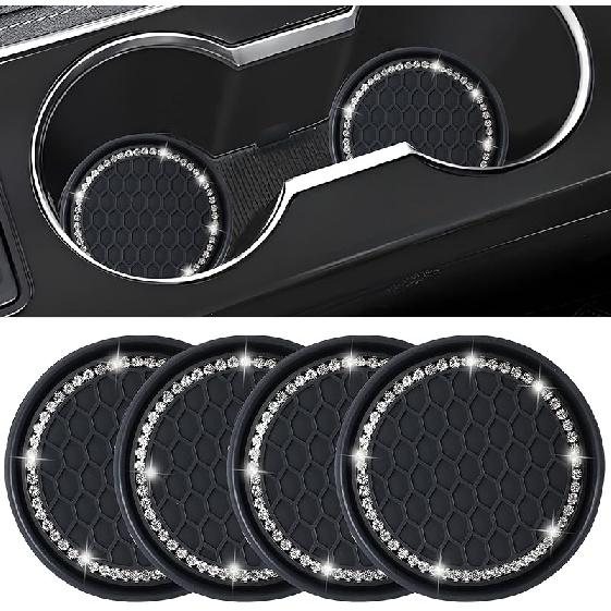 Amooca Car Cup Coaster 4 Pack Universal Non-Slip Cup Holders Ert Coasters Bling Crystal Rhinestone Car Interior Accessories Black Flower