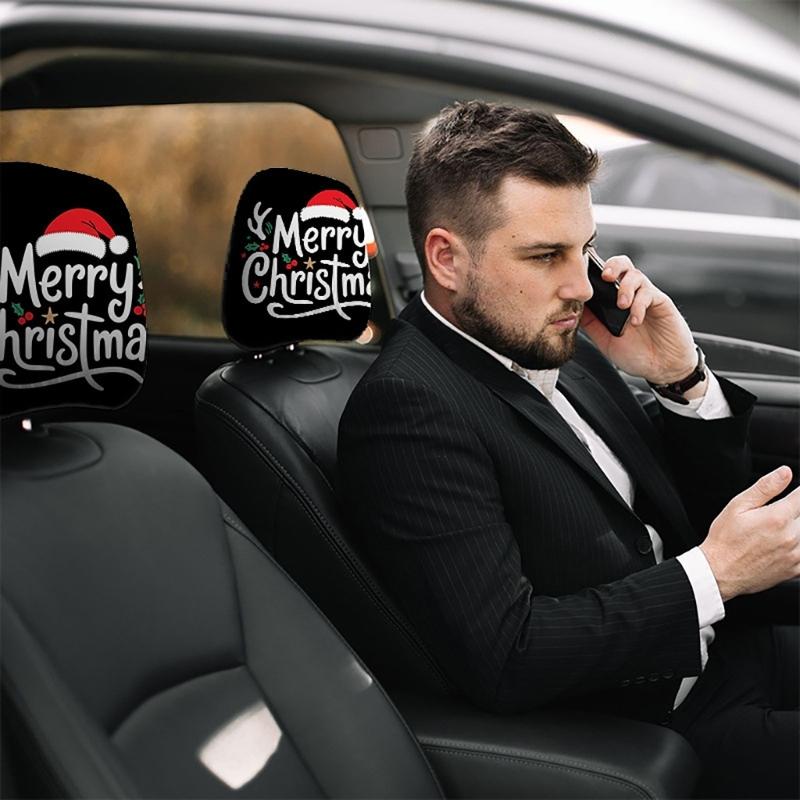 Holiday Car Headrest Cover Set, Slip On Polyester Fabric Washable for Christmas Cabin Style, Daily Driving, and Family Cars