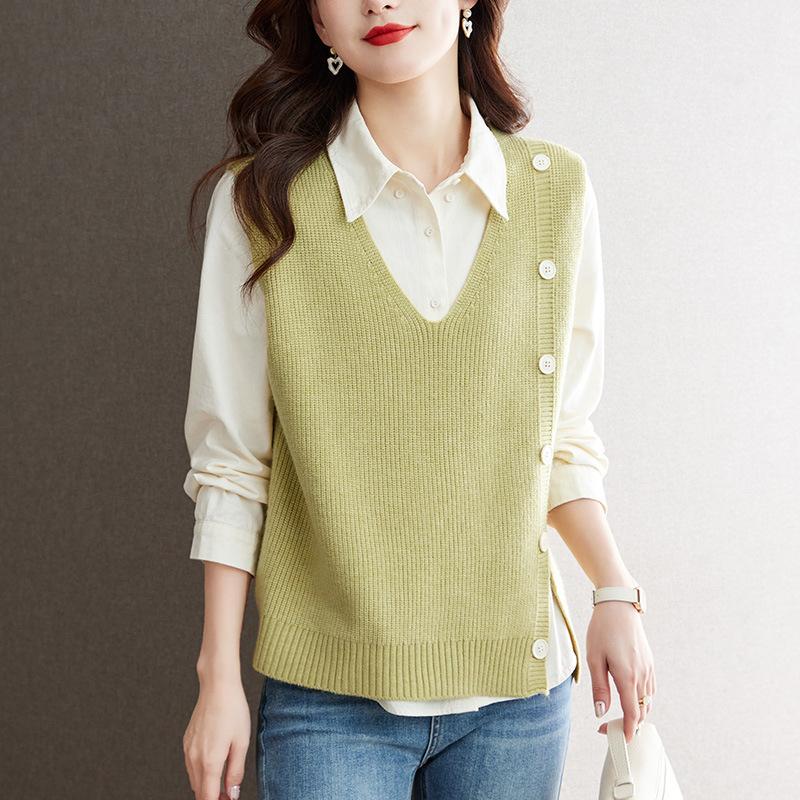 Strickweste Weste Herbstanzug Damen Neues Design V-Ausschnitt Knopf Locker Innen Pferdeclip Top
