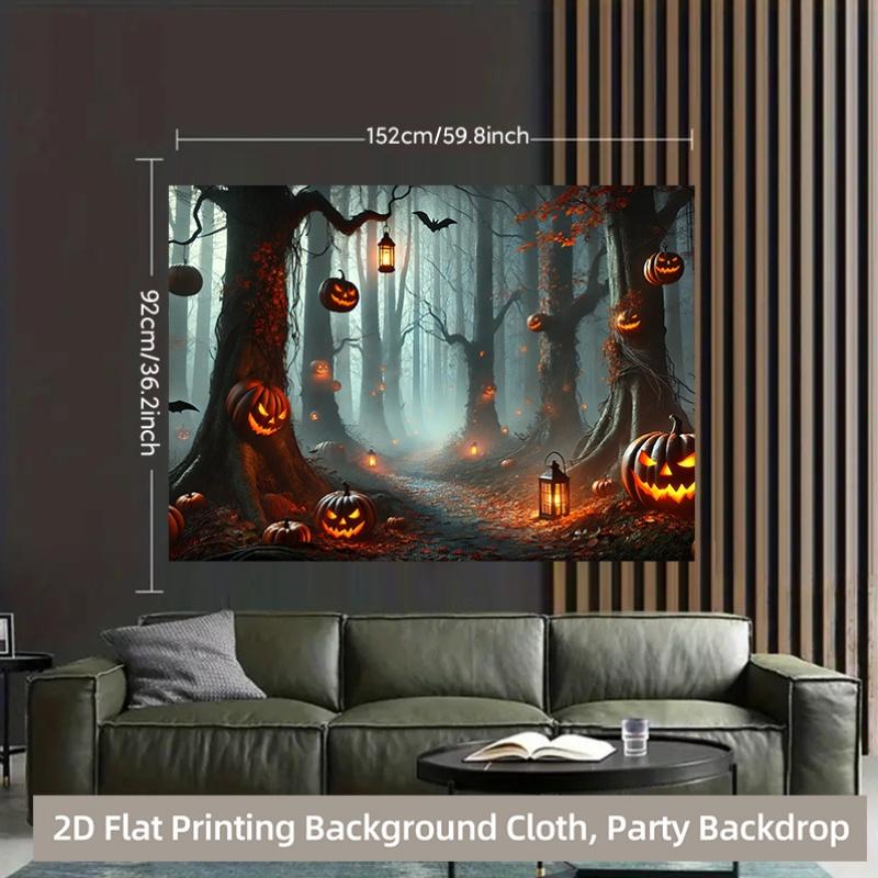 1 piece of 2D background fabric polyester banner of night moon and eerie pumpkin lanterns durable materialzyc