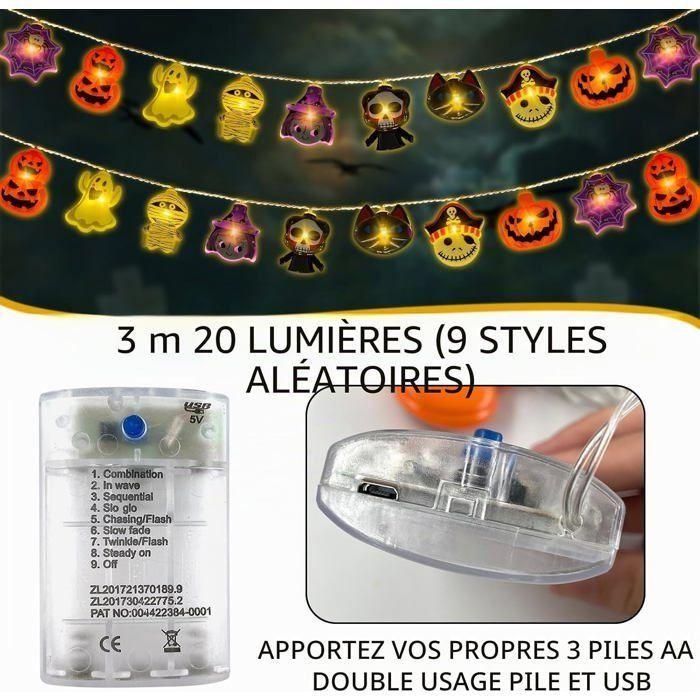 Guirlande lumineuse d'Halloween - AIMOONSA - 3 m - 20 LED - 8 modes - Fonctionne sur 3 piles AA