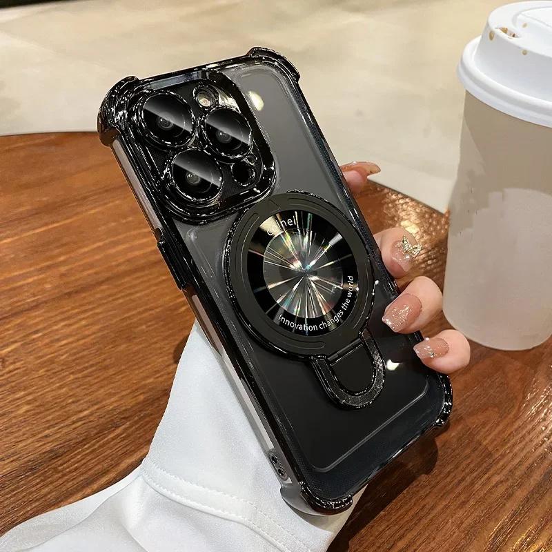 Luxury Plating Shockproof Magnetic Bracket Case For iPhone 16 15 11 12 13 14 Pro Max Plus For Magsafe With Holder Stand Cover