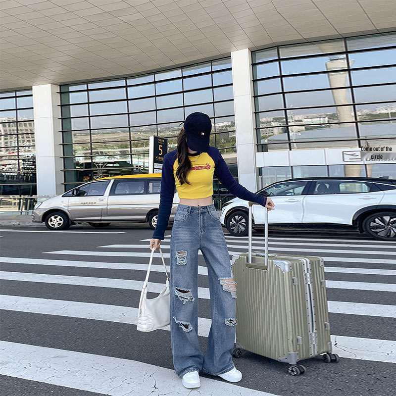 

Hot Girl High Waist Ripped Wide-Leg Jeans for Women - Plus Size, Floor Length 2026 S синій