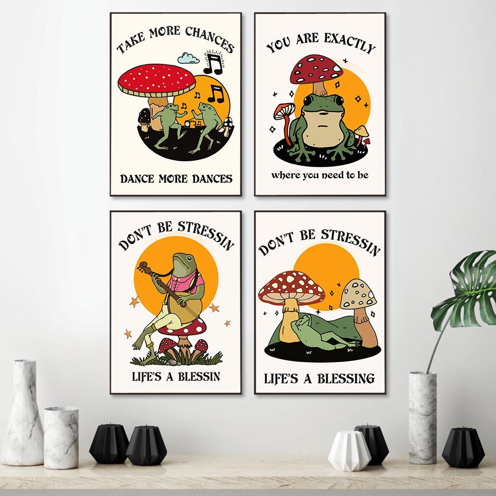You Are Exactly Funny Mushroom Poster Retro 70s Groovy Hippie Ball Dancing Frogs Canvas Painting Wall Art Pictures Home Decor