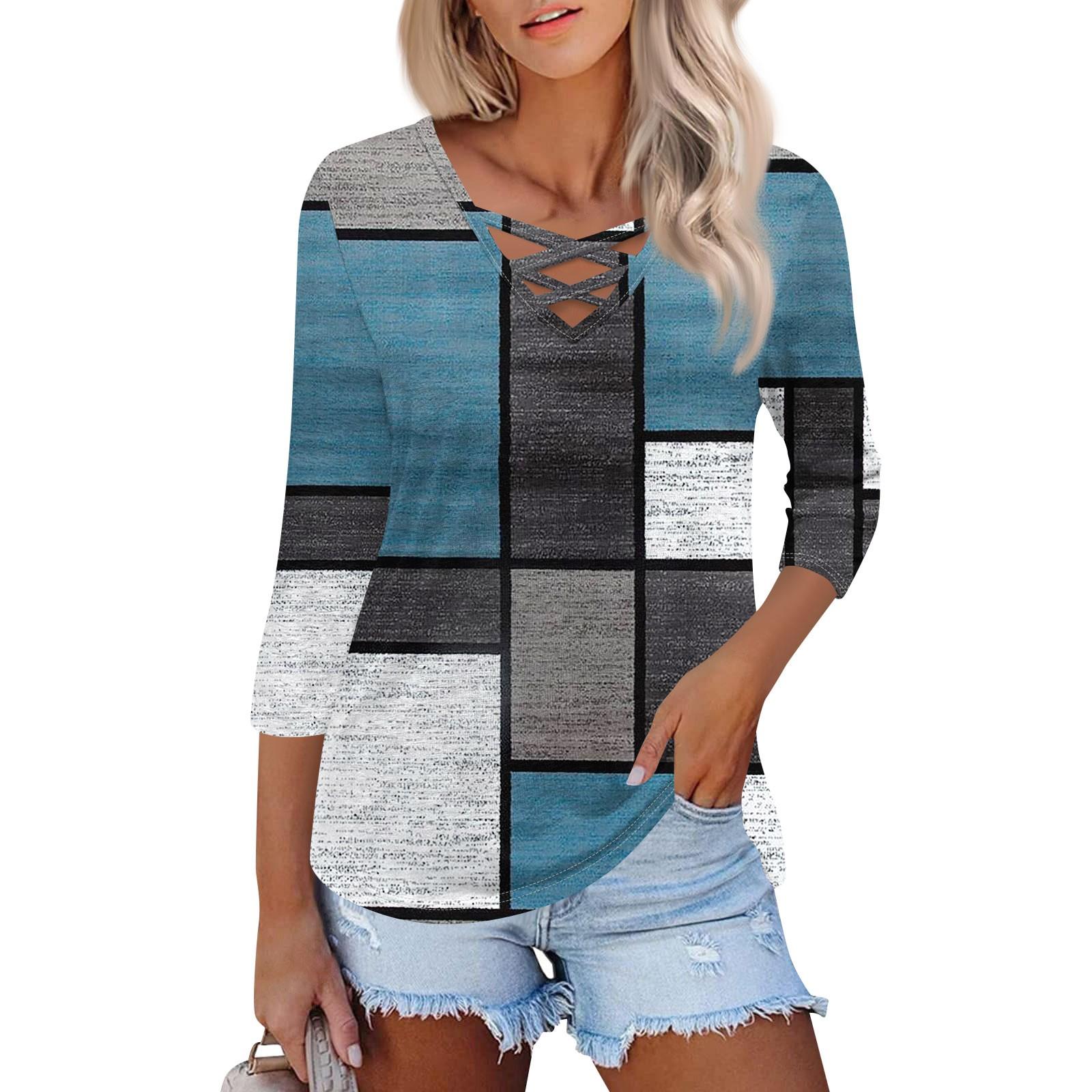 

Женская модная свободная футболка с перекрестным V-образным вырезом и семью рукавами, повседневный топ с принтом L синий