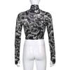 Modetrend Damen Stilvolles, mit Drachen bedrucktes Crop-Top mit langen Ärmeln und hohem Kragen, schmales T-Shirt, schmale T-Shirts für Frühling und Herbst