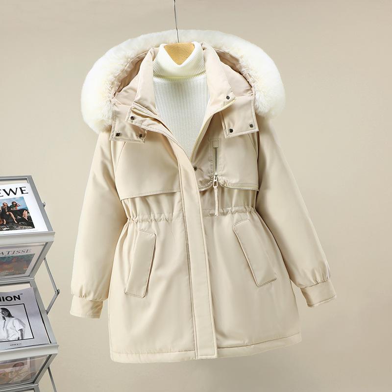 

Женская одежда короткая зимняя новая с большим меховым воротником приталенная и тонкая пуховая хлопковая одежда женская хлопковая одежда куртка M бежевый