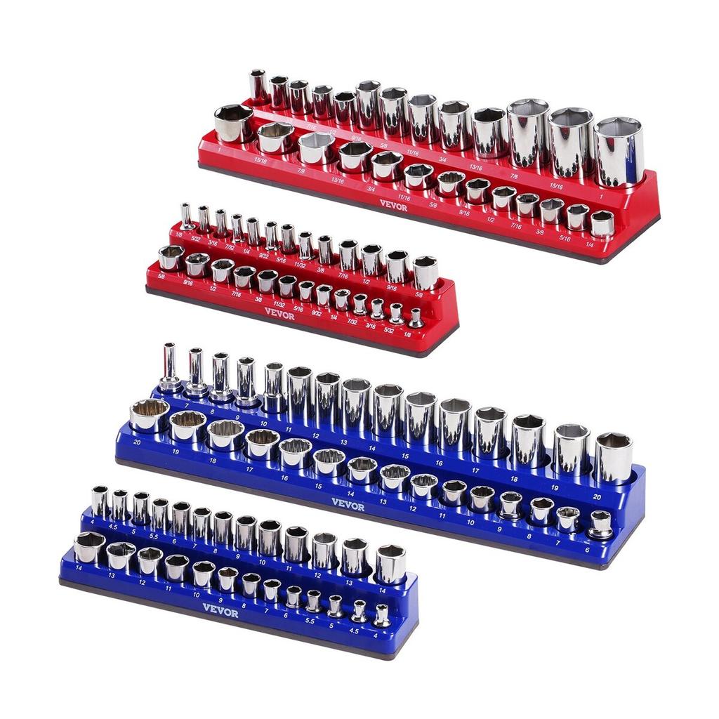 Magnetic Socket Organizer Set 4PCS Socket Trays Blue & Red for Metric SAE