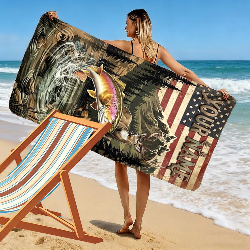 Name Custom Bass Fishing Print Beach Towel, Large Soft Quick Dry Towel for Beach Camping Swimming