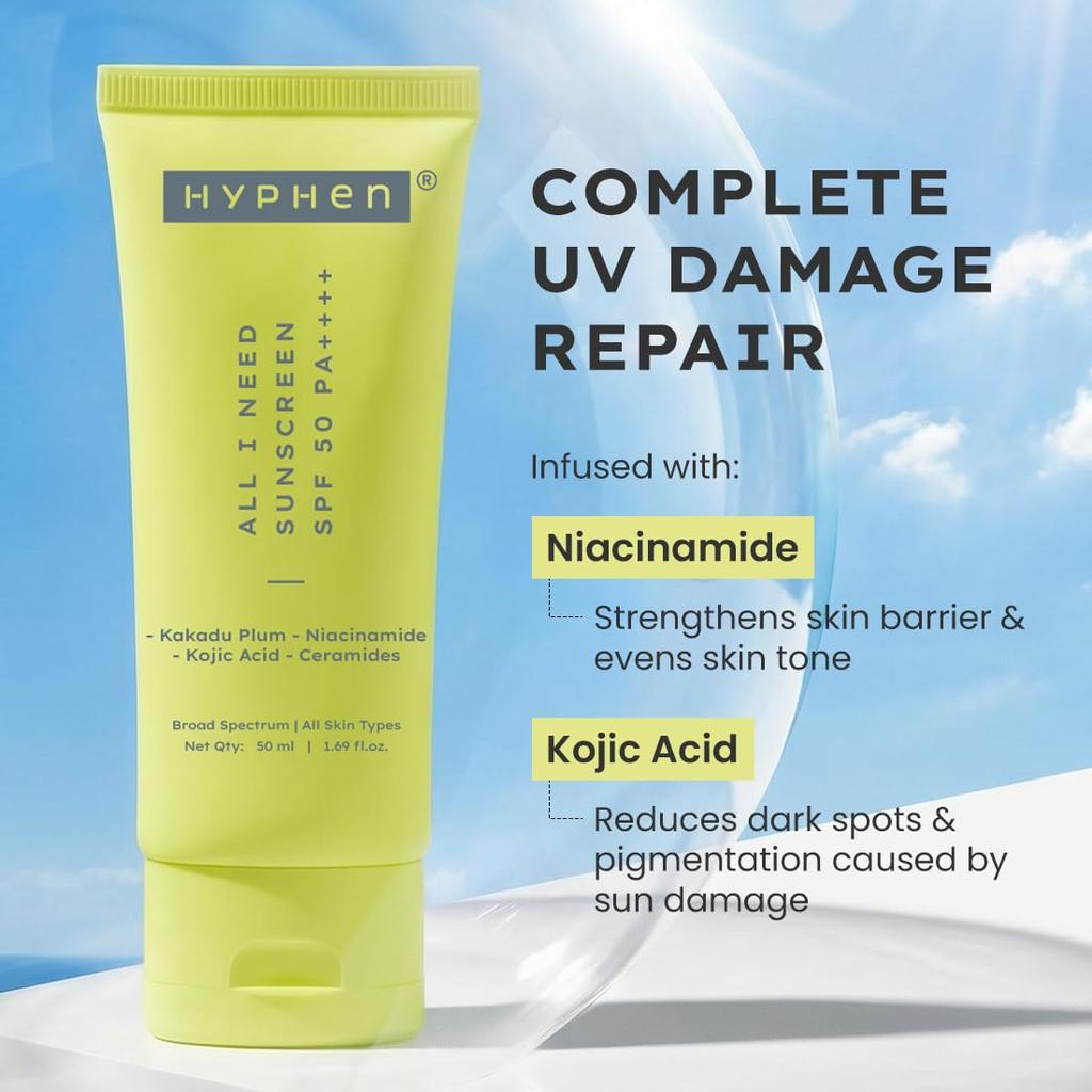 Hyphen All I Need Sunscreen SPF 50 PA++++ 50ml Pack of 1 | Hydrating Lightweight UVA UVB Protection