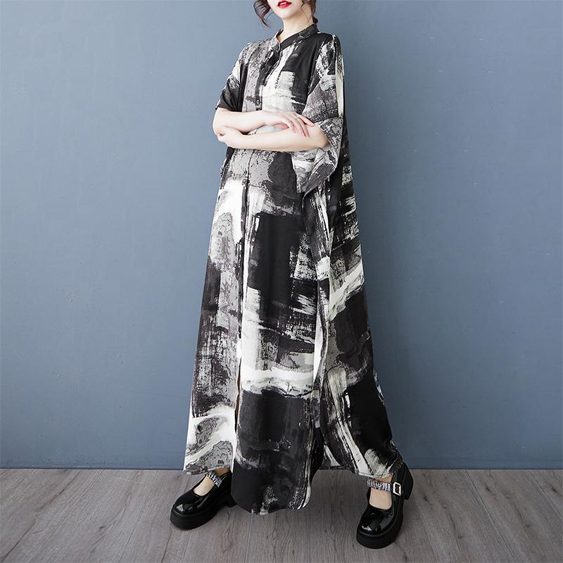 DIMANAF 2025 Damen Übergröße Sommer Locker Hemdkleid Lässiges Druckkleid Basic Vintage Knopf Kurzarm Maxi