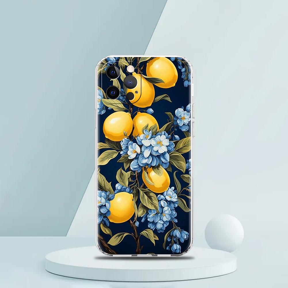 

Soft TPU Transparent Phone Case Cover for iPhone 16 15 14 13 12 11 Pro Max XR 8 7 Plus Shell Summer Fruit Lemon Flower Pattern for iPhone 16