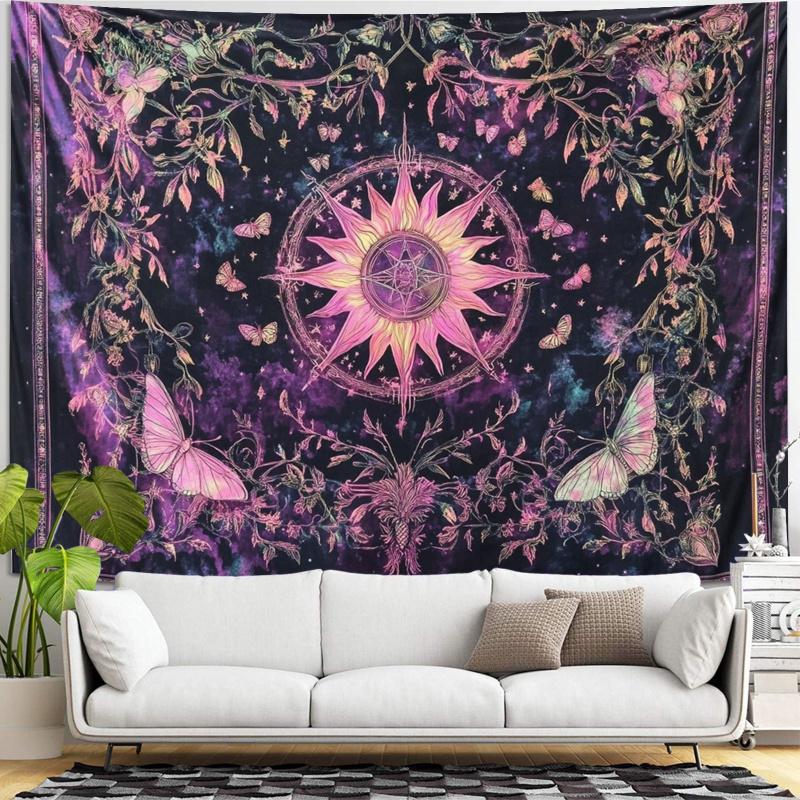 VIKAMA Mysterious Sun Butterfly Tapestry Gothic Style Starry Flower Decoration Cloth Meditation Room Tarot Room Decoration