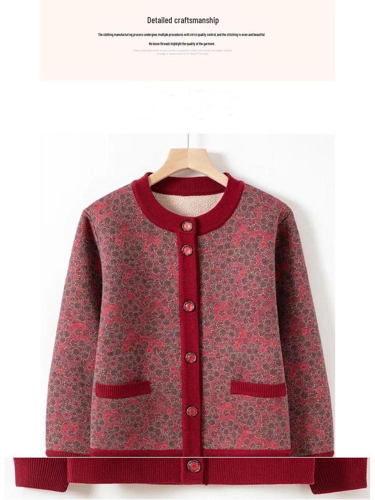 Fleece-Lined Printed Cardigan: Warm Autumn/Winter Style for Middle-Aged & Elderly Women