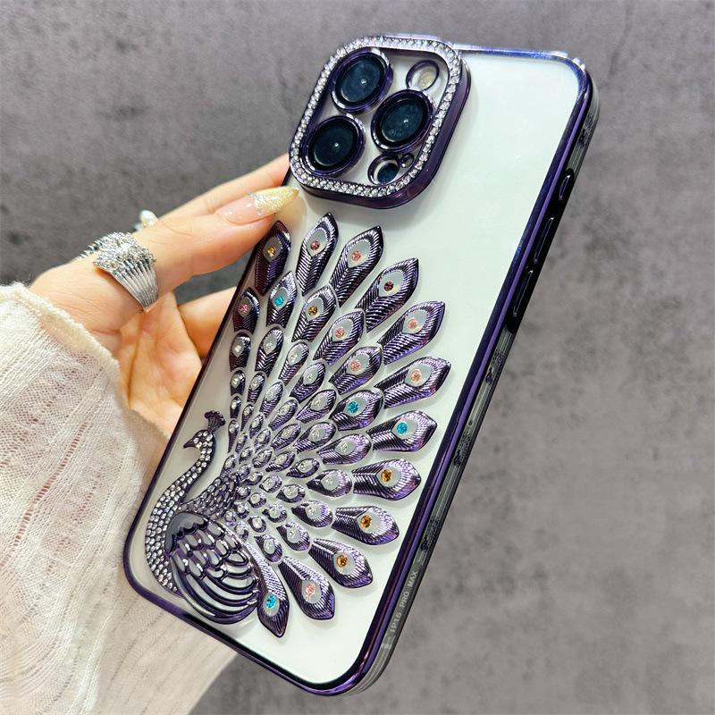 Electroplated Peacock Rhinestone Case for iPhone 15/16/17 Pro Max