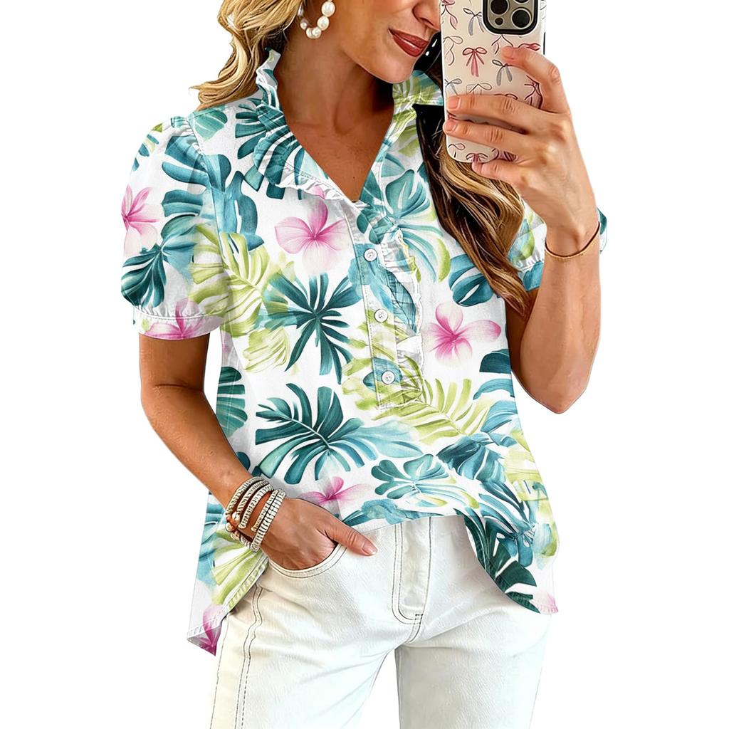 Women’s Casual Ruffle V Neck Top with Hawaiian Tree Print Short Puff Sleeve Button Down Relaxed Fit Summer Blouse